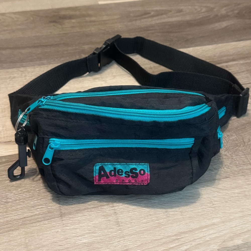 Vintage Adesso Sport Fanny Pack Retro Belt Bag Teal/Purple 5-Compartment 5x7x3"